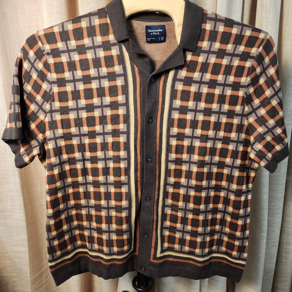 Abercrombie & Fitch XXL Brown Plaid Knit Button Polo Shirt Retro 70s